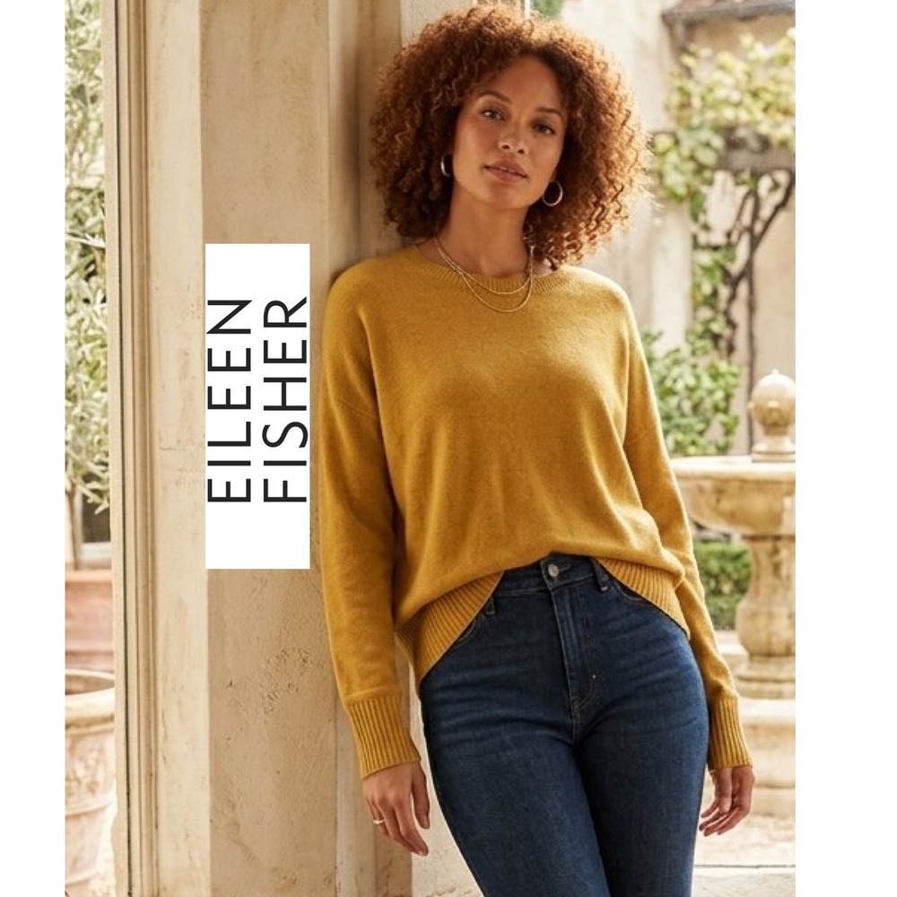 Eileen Fisher Mustard Yellow Italian Yarn Boxy Crew Neck Sweater M Minimalist